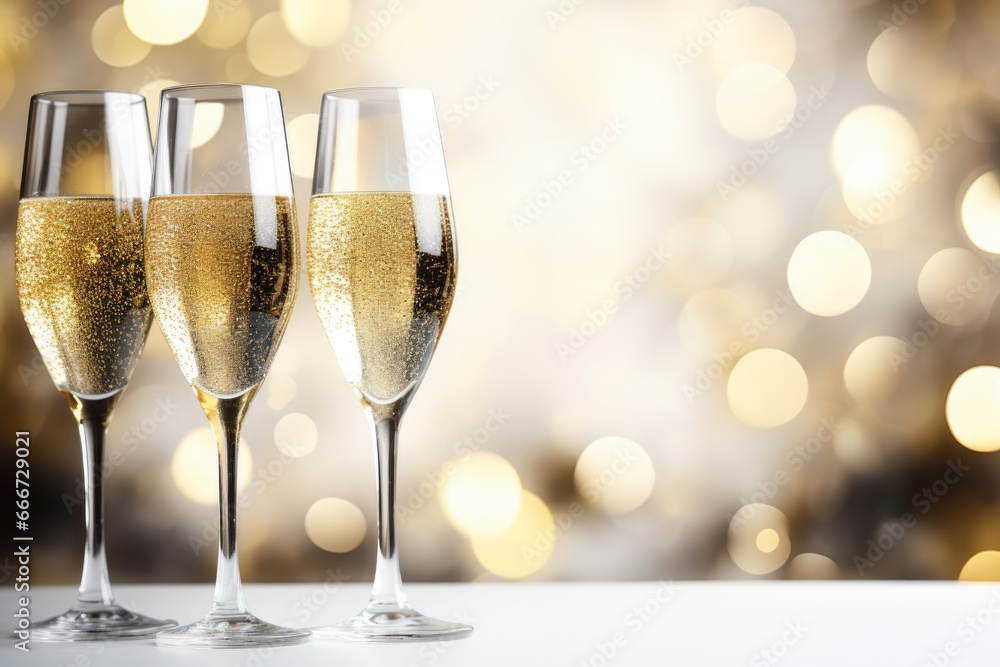 Glasses of champagne at New Year party. Celebration toast. New Year's cards. AI generative. Glasses of champagne at New Year party. Celebration toast. New Year's cards. AI generative.