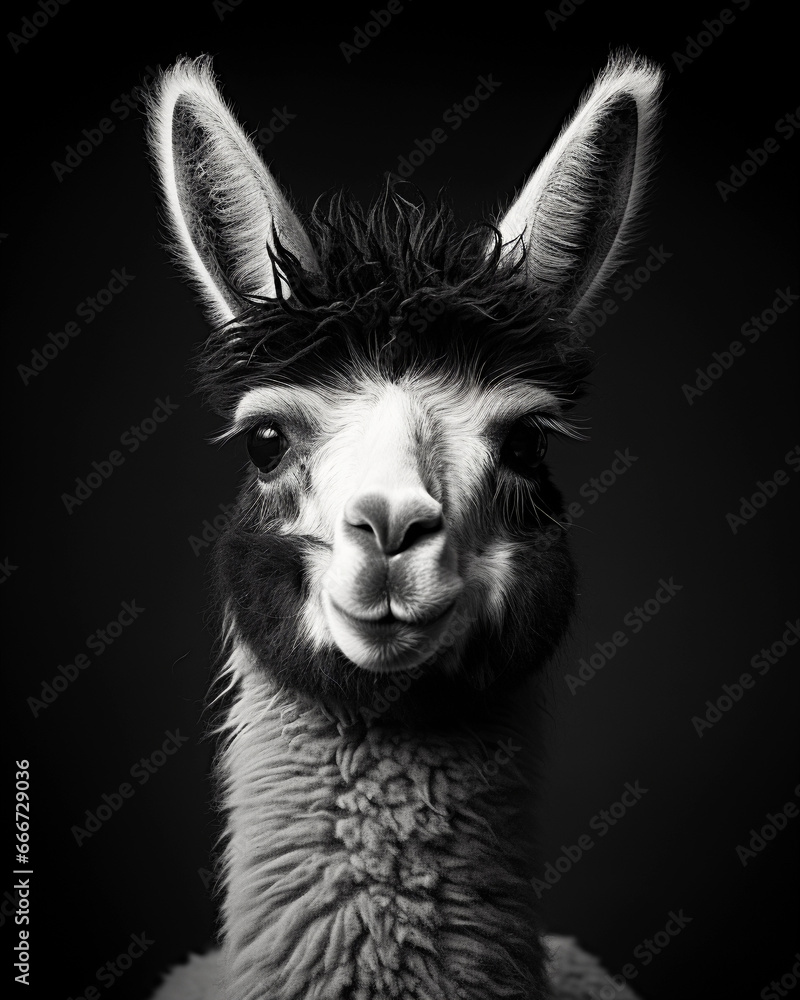 Dramatic black and white portrait of a Llama, focused gaze into the camera, sharp contrast