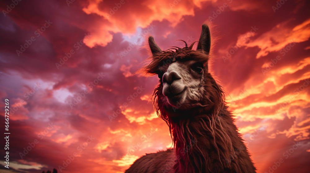 Llama silhouette, against a fiery sunset, dramatic skies