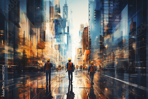 Artistic double exposure of a construction site and construction workers in a striking blue and orange color theme. Ai generated