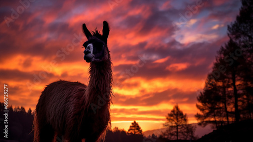 Llama silhouette, against a fiery sunset, dramatic skies