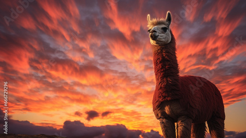 Llama silhouette, against a fiery sunset, dramatic skies