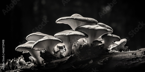 Oyster mushrooms growing on a decaying log, captured in black and white, textural focus on gills and caps, deep contrast