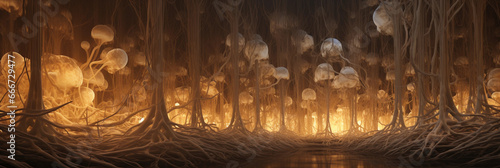 Panoramic underground view of a dense network of mycelium threads, root - like structure illuminated in soft light, dark earth surrounding