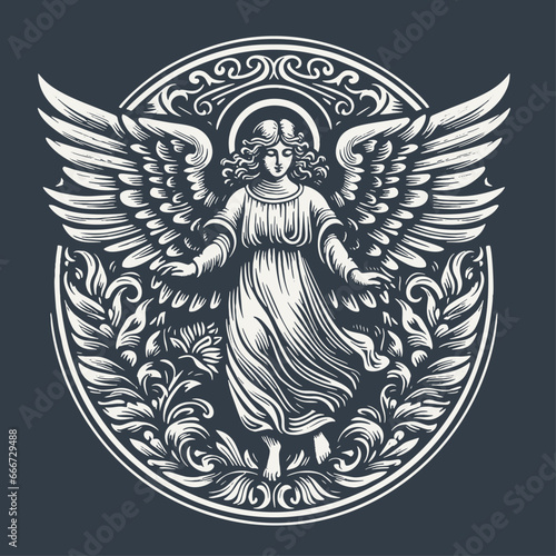 Angel surrounded by decorative elements. Vintage woodcut engraving style hand drawn vector illustration.