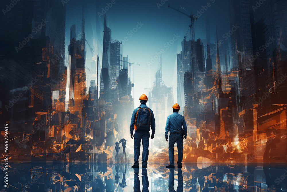 Artistic double exposure of a construction site and construction workers in a striking blue and orange color theme. Ai generated