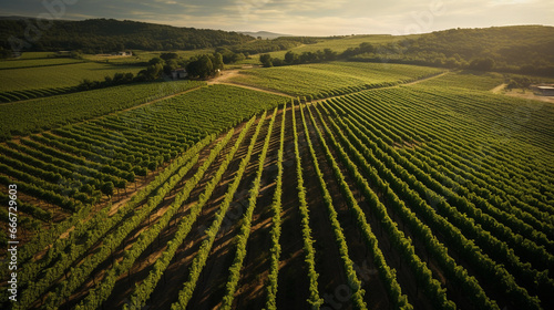 aerial view of a vineyard, lush green rows, ripe grapes ready for harvest. Late afternoon sunlight casting long shadows