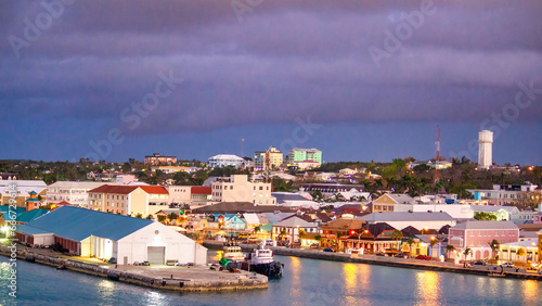 Nassau, Bahamas - February 20, 2012: Colorful city buildings along the coastline at night