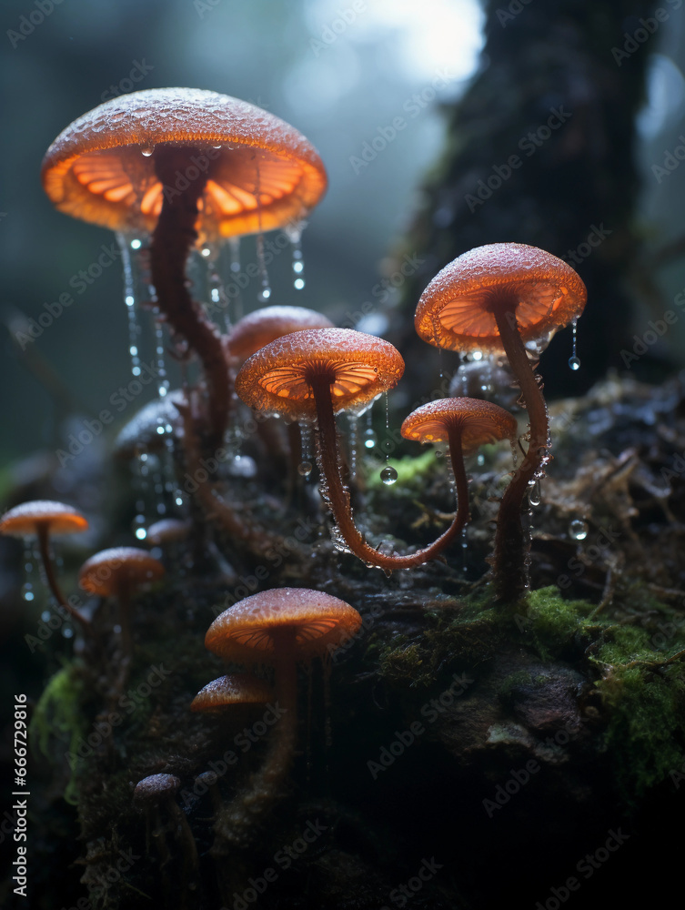 Cordyceps fungi, infecting an insect, intricate filaments protruding from the host, set against a dark, blurred background Cordyceps fungi, infecting an insect, intricate filaments protruding from the host, set against a dark, blurred background