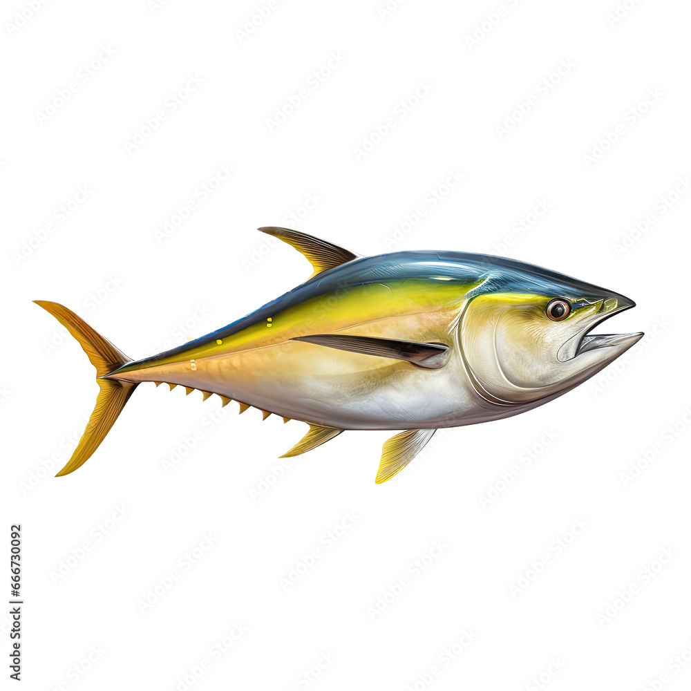 Fototapeta premium a Yellowfin tuna fish as an isolated and transparent PNG in a Nature-themed, photorealistic illustration. Generative ai
