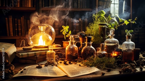 The alchemy lab consists of mortar and pestle crystals, snakeskin potions, oils, spices, herbs, bones, and old books. The esoteric pagan witchcraft background features a kitchen with photo