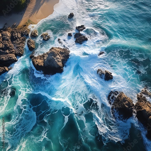 waves on the beach, Aerial view of sea and rocks, ocean blue waves crashing on shore