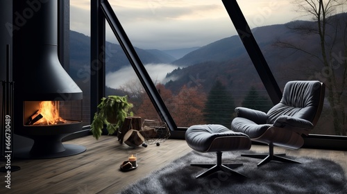 The cabin is decorated with a modern black chair, a cozy blanket, and firewood on a metal stand in the background of big windows with a view of the mountains, creating a warm and calm