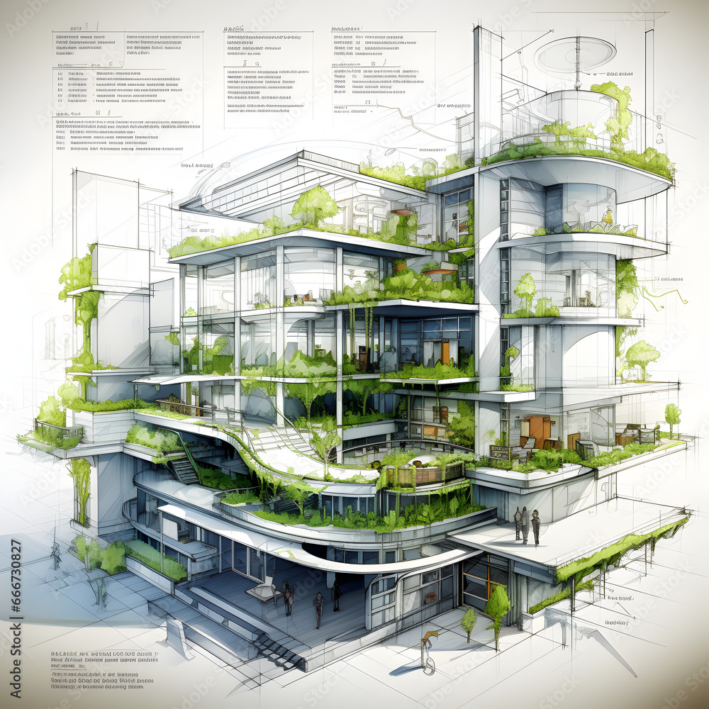 blueprint of sustainable futuristic building with green walls.