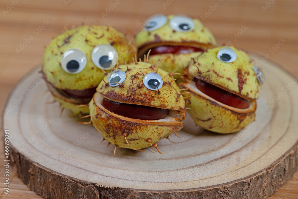 Lachende Kastanien mit Augen und Mund Lachende Kastanien mit Augen und Mund