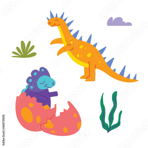 Cartoon Color Characters Cute Dinosaurus Icons Set Flat Design Style Birthday Concept. Vector illustration of Dino Mascot Icon