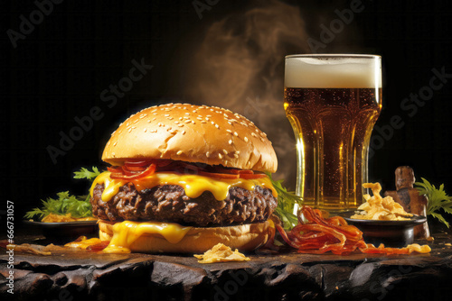Burger, French fries and foamy beer in a golden glass on a table with a napkin