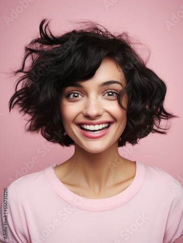 Photograph happy smiling woman on colorful background © Pixel Palette