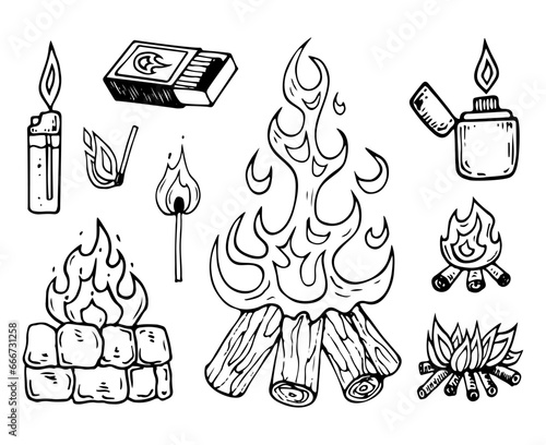 Making a wood fire sketch. Matches, lighter. Hand drawn line art.