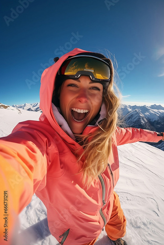 beautiful woman in a ski suit taking a selfie. Smiling happy young woman snowboarder in mountains self-portrait.