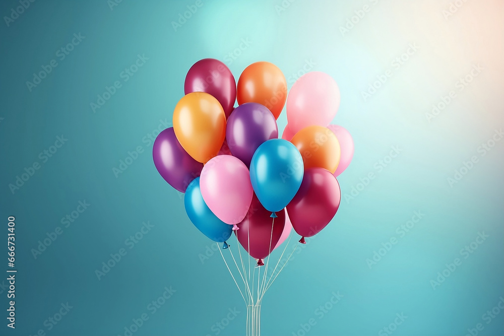 Multicolor balloons isolated on blue background, celebration template, carnival, festival or birthday banner