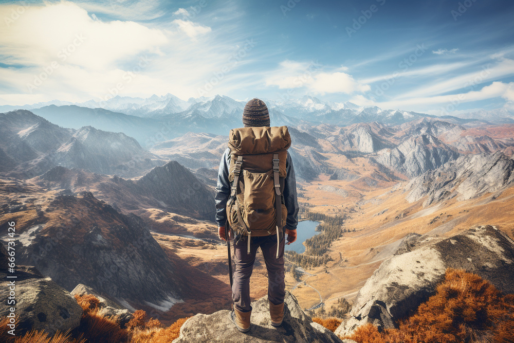 Backpacker gazing upon a vast, uncharted wilderness, igniting the spirit of adventure and the call of the unknown. Ai generated Backpacker gazing upon a vast, uncharted wilderness, igniting the spirit of adventure and the call of the unknown. Ai generated