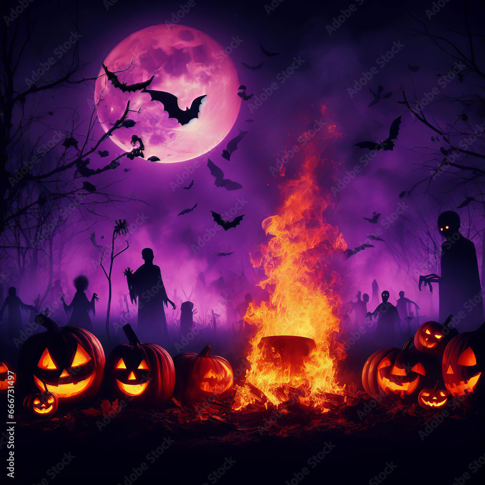 Halloween Scene - Party Of Pumpkins And Zombies In wood forest At Moonlight - ai generated