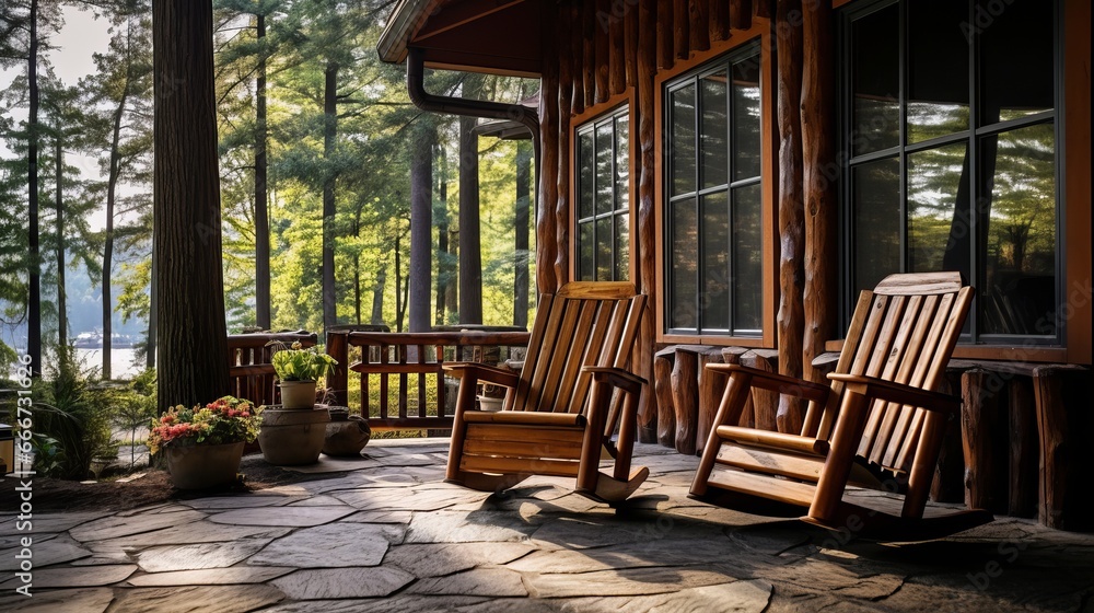 The front porch of a rustic log cabin is furnished with wooden Adirondack chairs