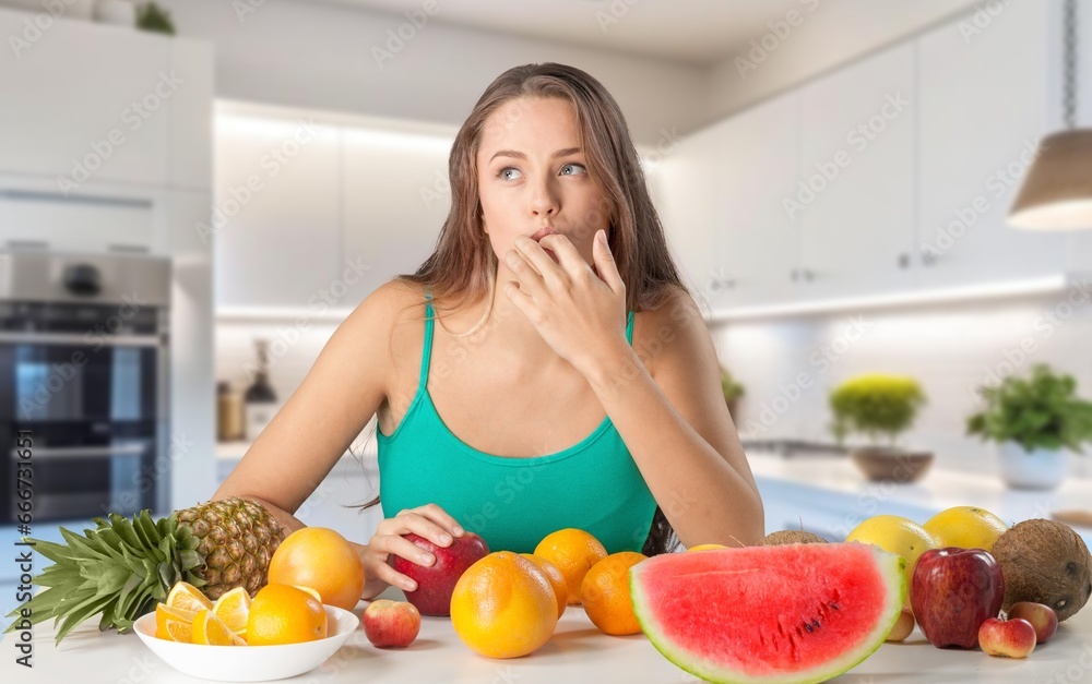 Happy young woman eats fresh fruits, AI generated image Happy young woman eats fresh fruits, AI generated image