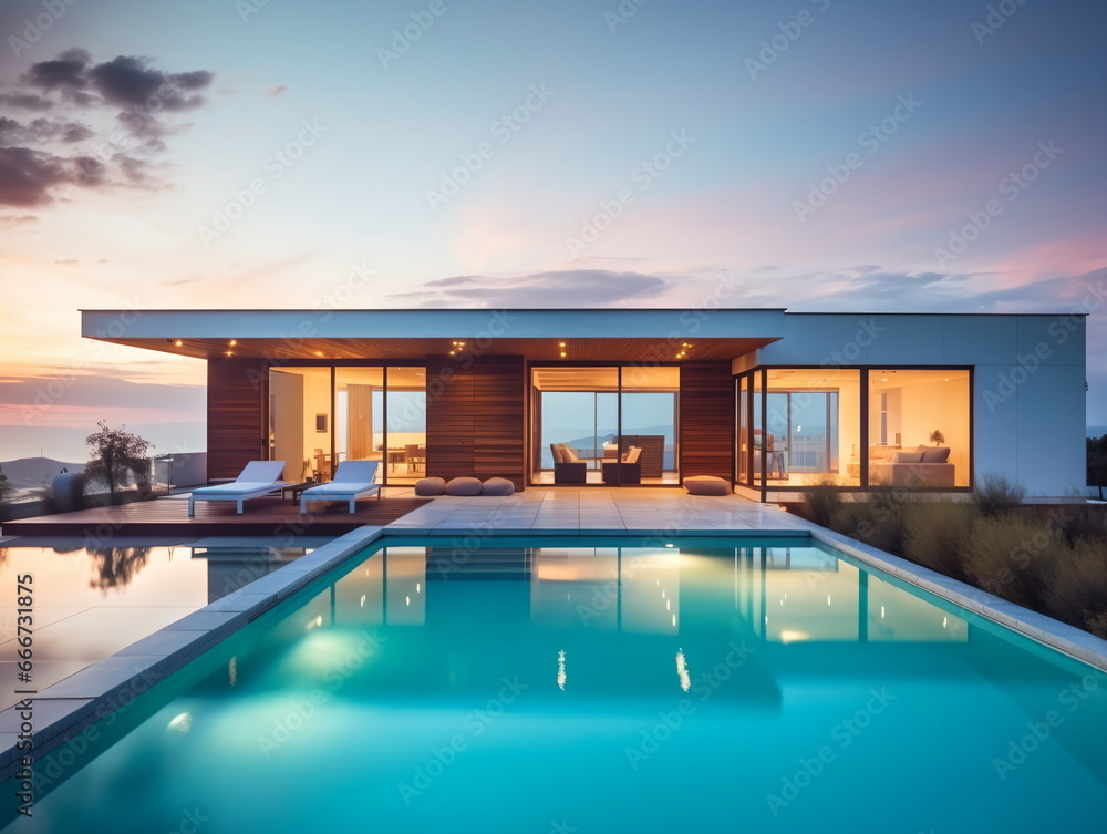 Evening Glow: Villa Architecture with Swimming Pool at Sunset Evening Glow: Villa Architecture with Swimming Pool at Sunset