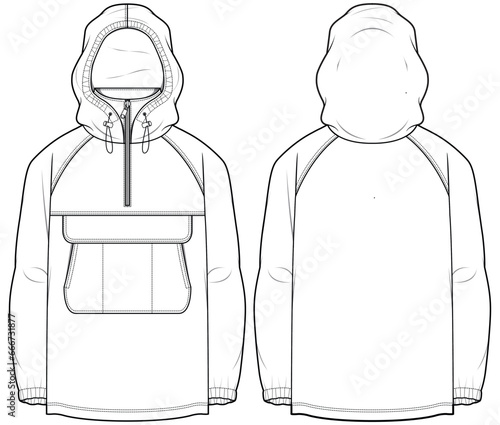 All Anorak Hoodie jacket design flat sketch Illustration, Hooded sweater jacket with front and back view, Anorak winter jacket for Men and women. for hiker, outerwear and workout in winter