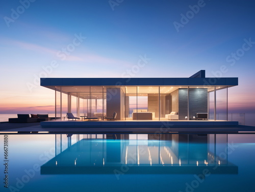 Evening Glow: Villa Architecture with Swimming Pool at Sunset