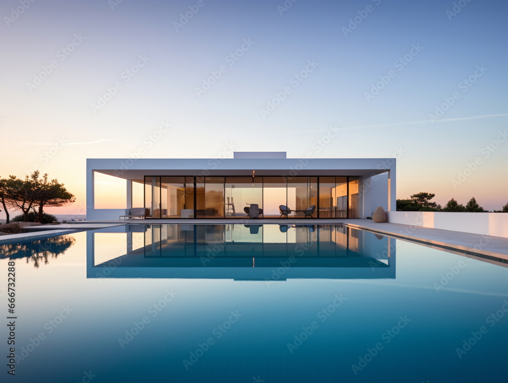 Fototapeta premium Evening Glow: Villa Architecture with Swimming Pool at Sunset