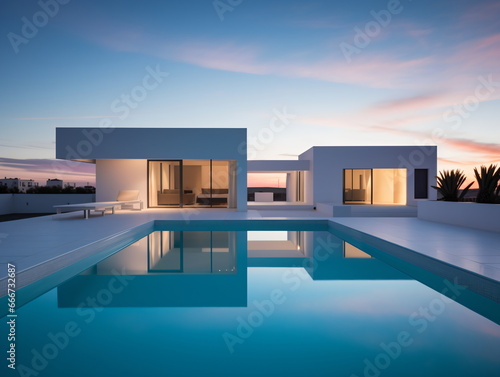 Evening Glow: Villa Architecture with Swimming Pool at Sunset © duyina1990