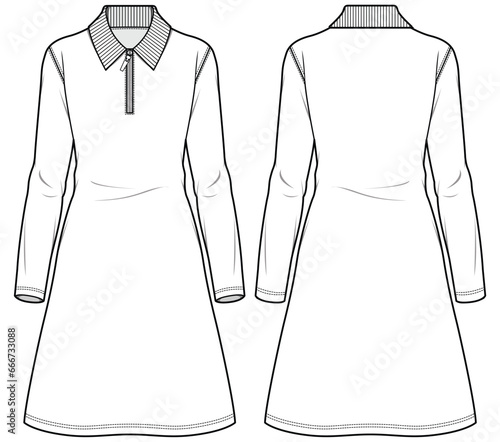 Women Polo collar t-shirt dress design flat sketch fashion illustration drawing with front and back view. Polo collar dress vector template