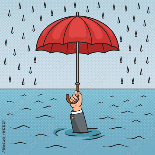 Drowning man with umbrella in the rain flood metaphor pop art retro hand drawn vector illustration. Comic book style imitation.
