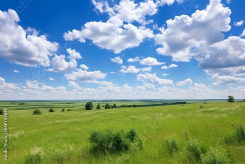 Scenic meadow landscape with green pasture and blue sky adorned by fluffy clouds. Generative AI