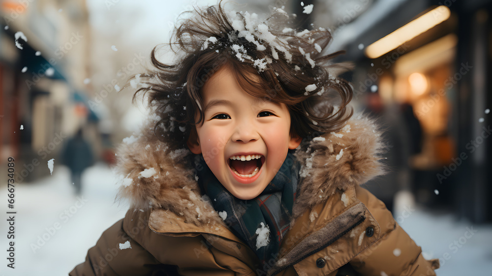 portrait of a child in winter, Asian kid sledding