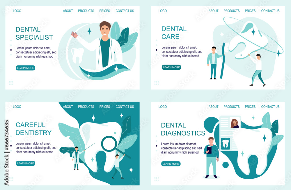 Dentist profession web banner or landing page set.Dentists diagnose the problem, treat teeth and provide dental care. Idea of dental and oral care. Caries treatment.Vector illustration. Dentist profession web banner or landing page set.Dentists diagnose the problem, treat teeth and provide dental care. Idea of dental and oral care. Caries treatment.Vector illustration.