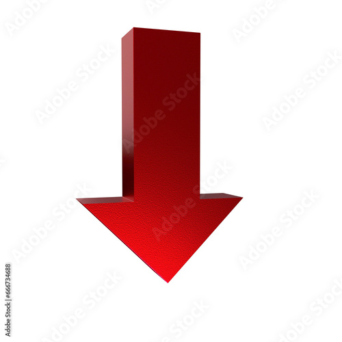 3d down arrow in metal, 3d glossy isolated down arrow for loss or inflation or low interest rate finance concepts.