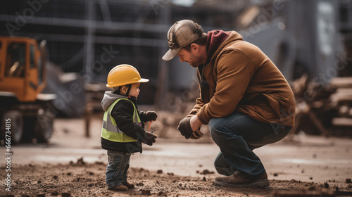 Father and little son playing realistic construction workers in special uniforms at a construction site.
