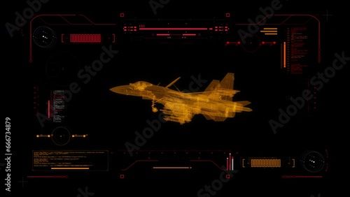Digital Blueprint Scan of Russian Single-Seat, Twin-Engine, Super Maneuverable Air Superiority Fighter SU 35 Flanker E . Futuristic User interface HUD 360 View. photo