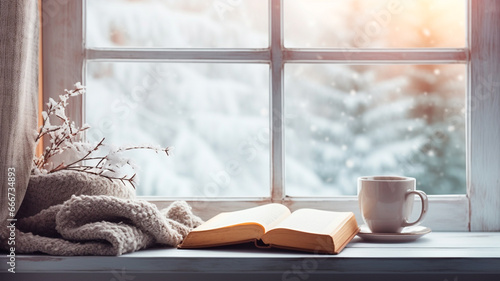 cup of hot tea with book near window in winter