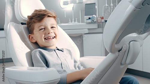 a child sitting comfortably in a dentist's chair with a clear background, showcasing a positive dental experience.