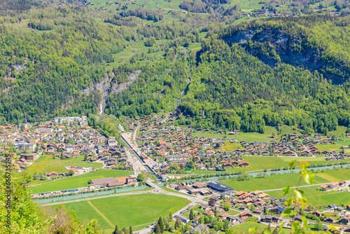 Panoramic view of Meiringen, near Reichenbach falls (Reichenbachfall) at the Swiss Alps in Switzerland