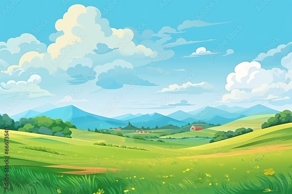 Obraz premium Vast Serenity: Illustration of Grassland, Blue Sky, White Clouds, and Distant Mountains