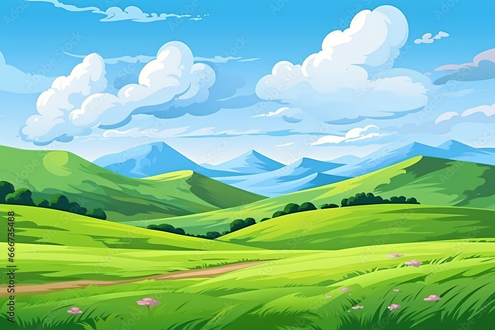 Obraz premium Vast Serenity: Illustration of Grassland, Blue Sky, White Clouds, and Distant Mountains