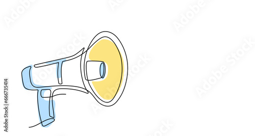 Continuous one line megaphone, loudspeaker with colored shapes and sound waves. Single line of horn speaker for marketing promotion, news, business concept, announcement and hiring. Linear style