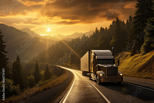 Transportation truck as it journeys along a vast highway, with the sun setting on the horizon. Ai generated