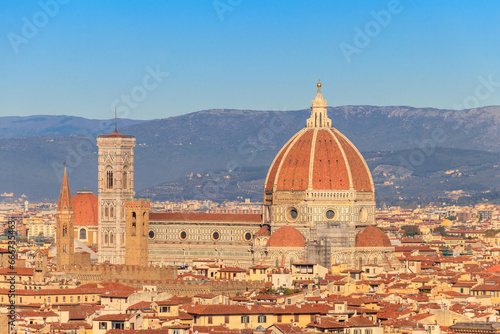 Florence Cathedral, formally the Cathedral of Saint Mary of the Flower as seen from Michelangelo Hill in Florence, Italy © olyasolodenko